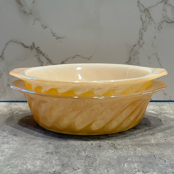 Anchor Hocking Fire King Peach Lustre Swirl Milk Glass Mini Casserole Dishes - Picture 2 of 16